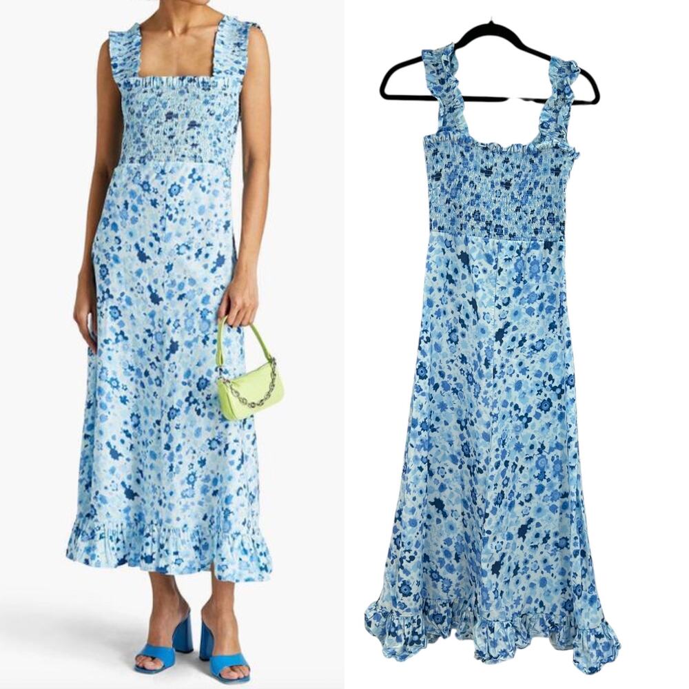 Ganni Printed Cotton Poplin Maxi Dress Smocked Heather Blue Size 34 US 2